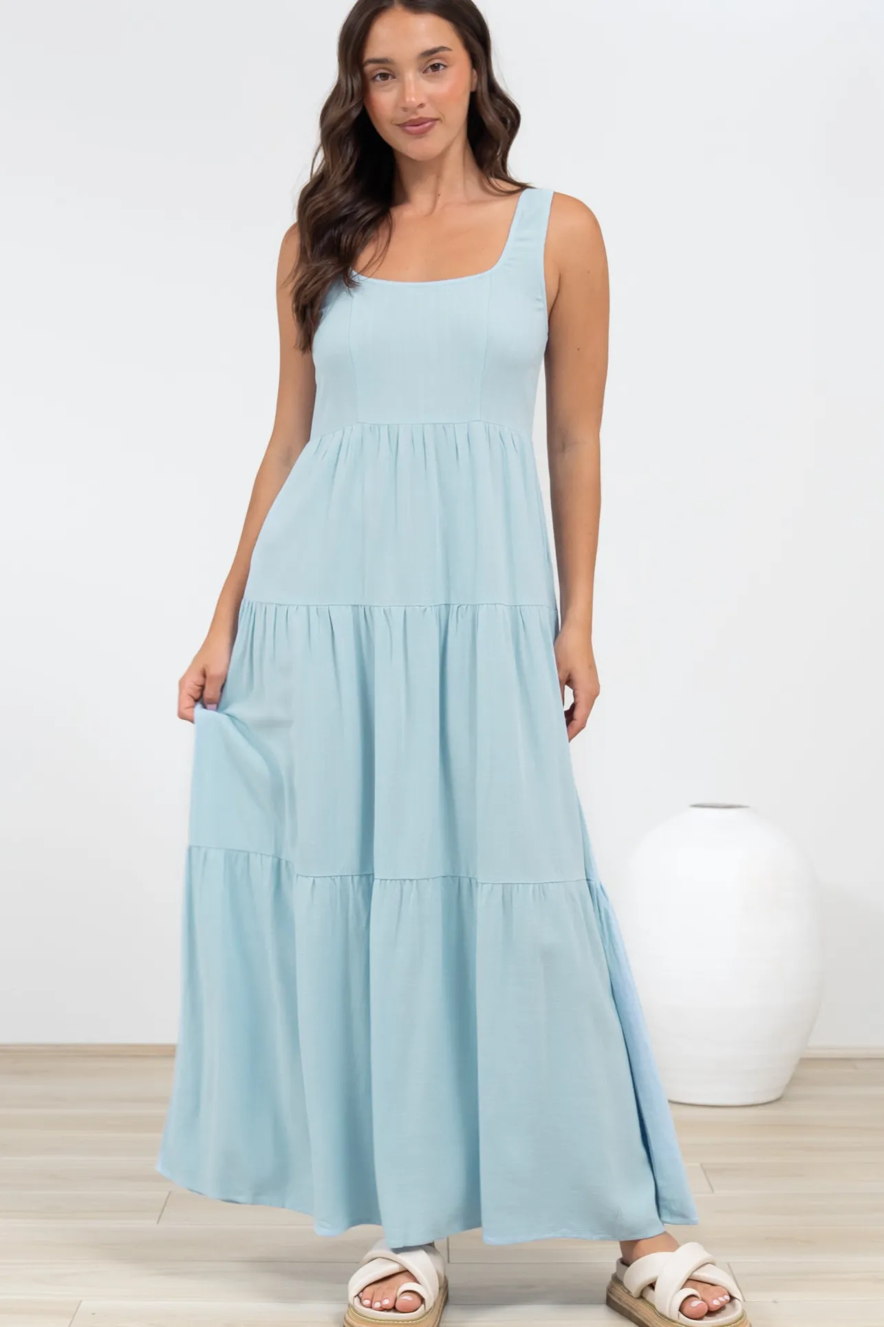 Arielle Maxi Dress - Square Neckline Tiered Dress with Pockets in Light Blue>Salty Crush Hot