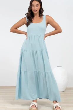 Arielle Maxi Dress - Square Neckline Tiered Dress with Pockets in Light Blue><noscript><img width=