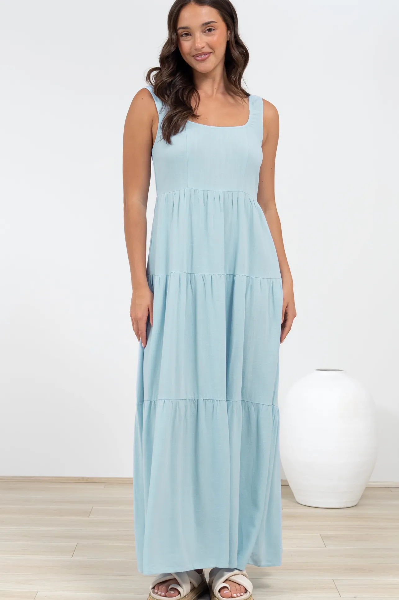 Arielle Maxi Dress - Square Neckline Tiered Dress with Pockets in Light Blue>Salty Crush Hot