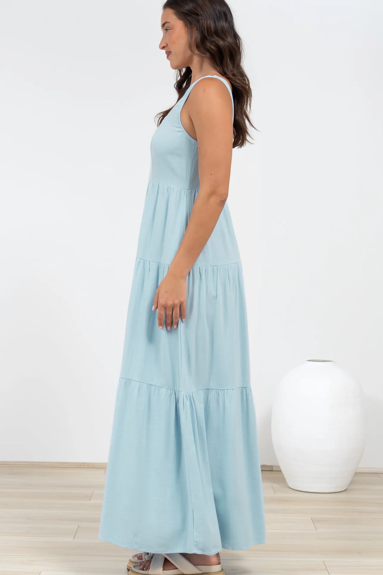 Arielle Maxi Dress - Square Neckline Tiered Dress with Pockets in Light Blue>Salty Crush Hot