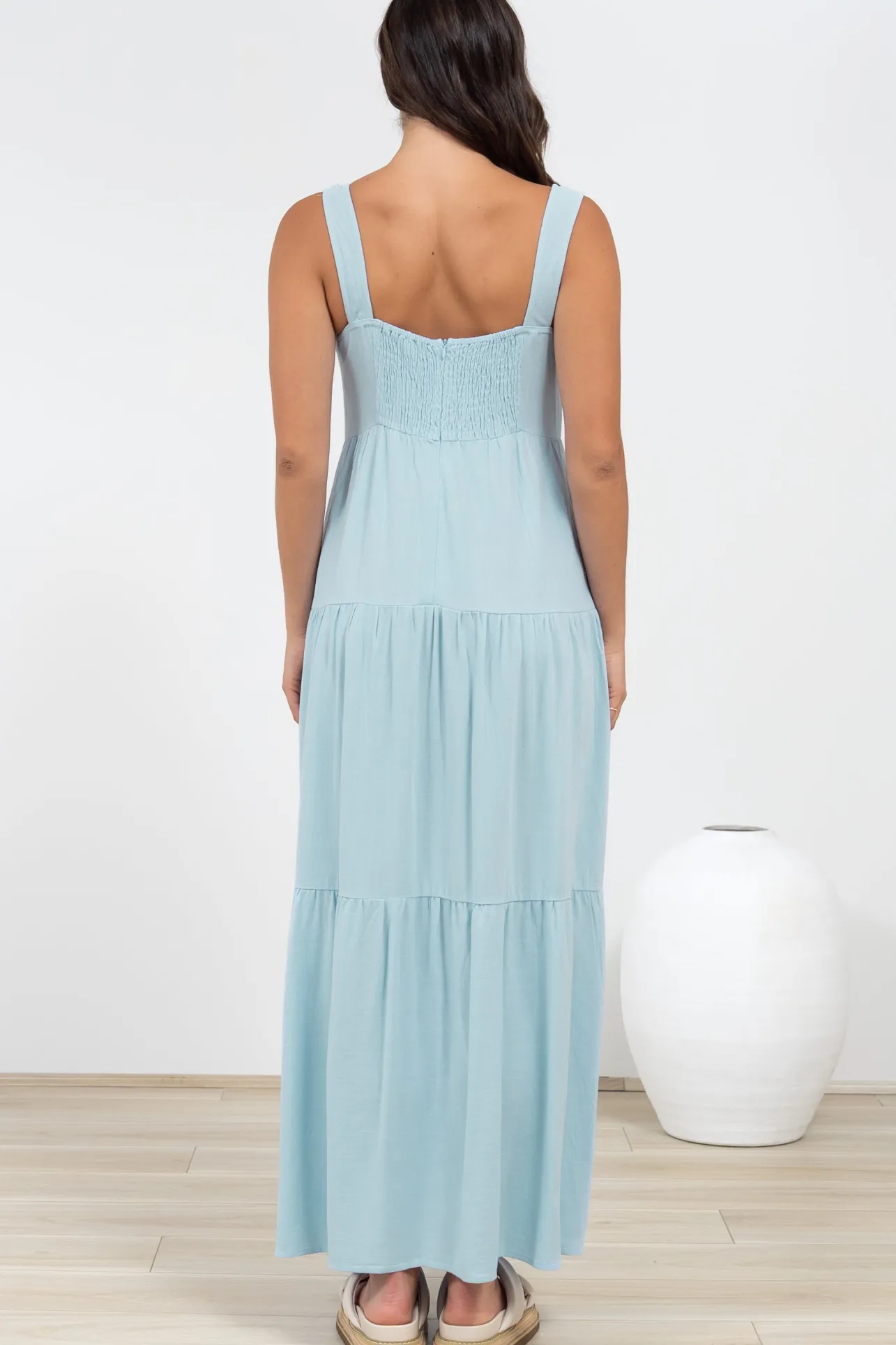 Arielle Maxi Dress - Square Neckline Tiered Dress with Pockets in Light Blue>Salty Crush Hot