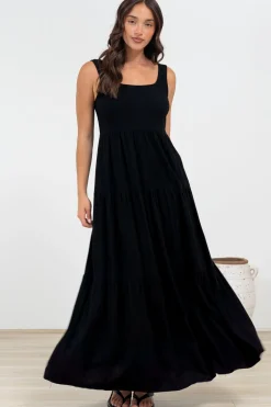 Arielle Maxi Dress - Square Neckline Tiered Dress with Pockets in Black>Salty Crush Outlet
