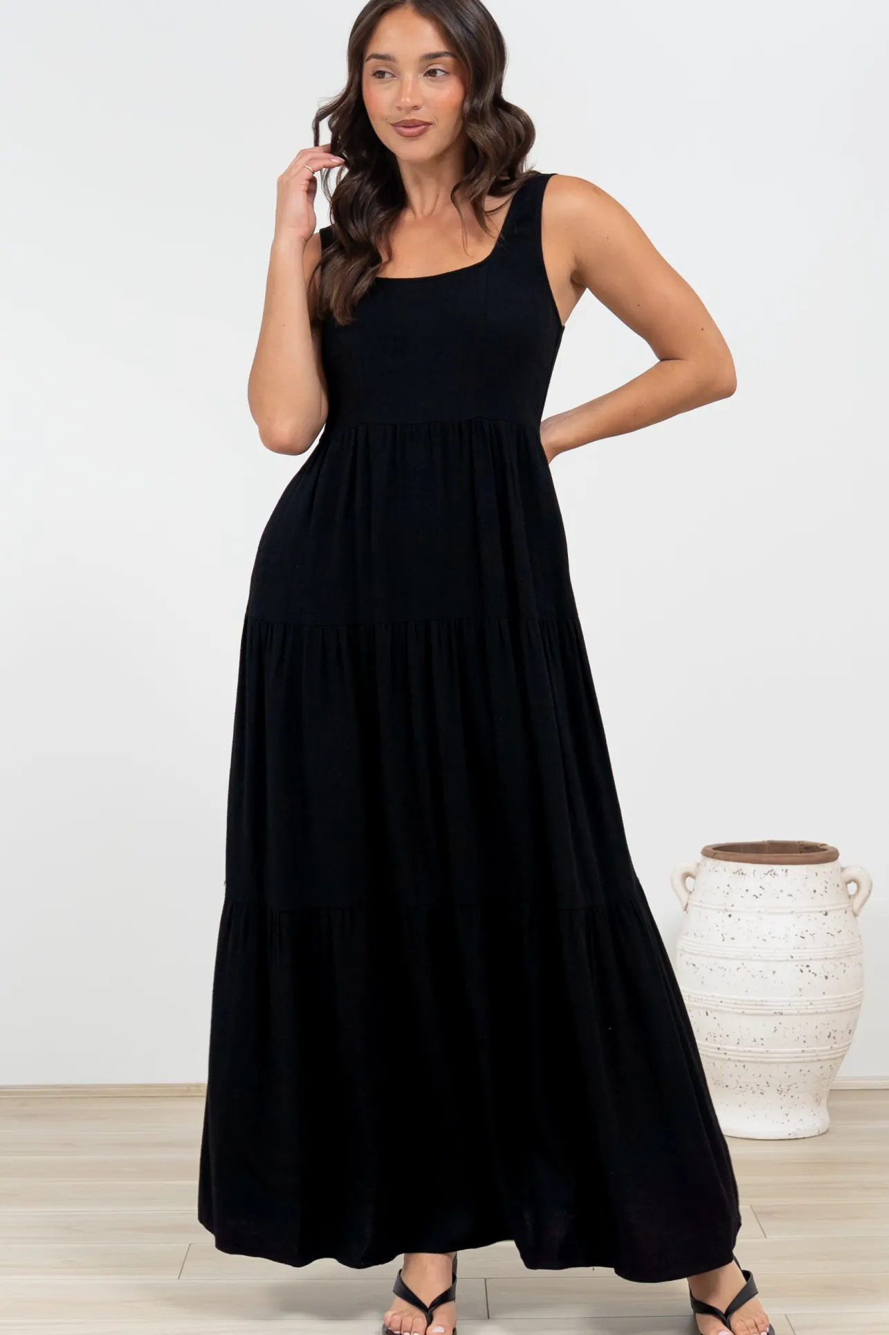 Arielle Maxi Dress - Square Neckline Tiered Dress with Pockets in Black>Salty Crush Outlet