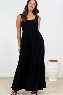 Arielle Maxi Dress - Square Neckline Tiered Dress with Pockets in Black><noscript><img width=