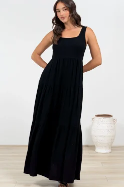 Arielle Maxi Dress - Square Neckline Tiered Dress with Pockets in Black><noscript><img width=
