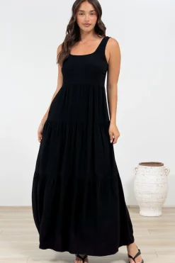 Arielle Maxi Dress - Square Neckline Tiered Dress with Pockets in Black><noscript><img width=