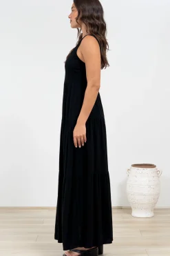 Arielle Maxi Dress - Square Neckline Tiered Dress with Pockets in Black><noscript><img width=