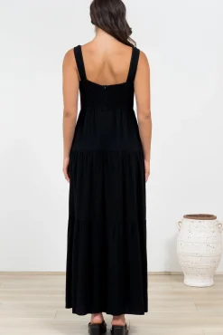 Arielle Maxi Dress - Square Neckline Tiered Dress with Pockets in Black><noscript><img width=