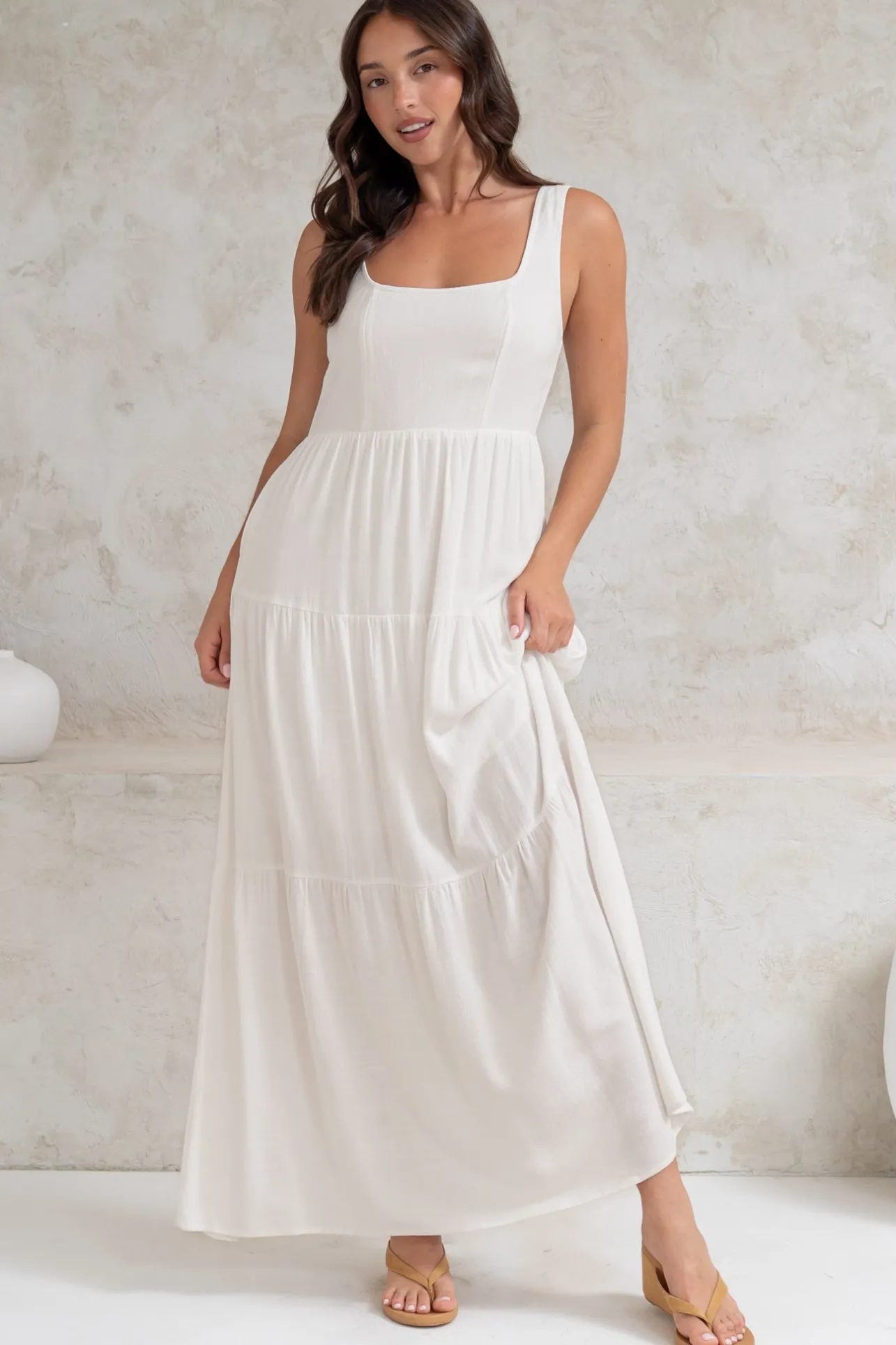 Arielle Maxi Dress - Square Neckline Tiered Dress with Pockets in White>Salty Crush