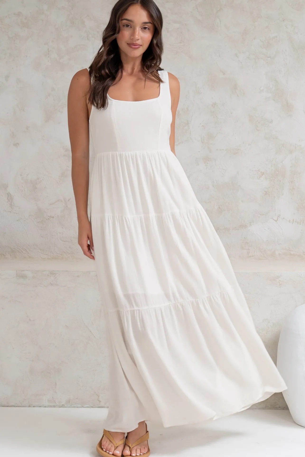 Arielle Maxi Dress - Square Neckline Tiered Dress with Pockets in White>Salty Crush