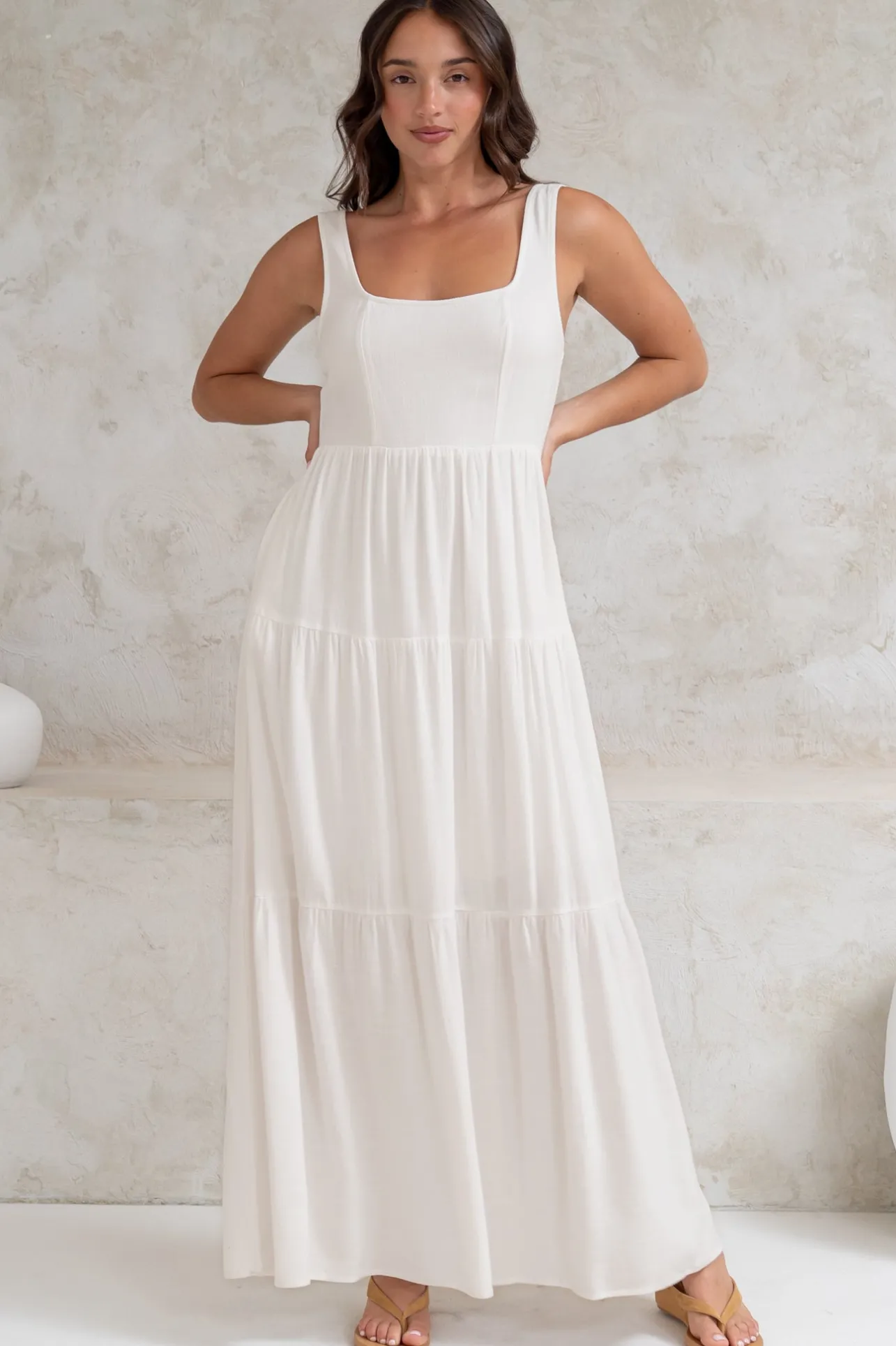 Arielle Maxi Dress - Square Neckline Tiered Dress with Pockets in White>Salty Crush