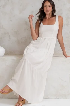 Arielle Maxi Dress - Square Neckline Tiered Dress with Pockets in White><noscript><img width=