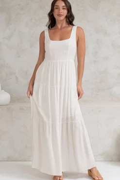 Arielle Maxi Dress - Square Neckline Tiered Dress with Pockets in White><noscript><img width=