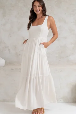 Arielle Maxi Dress - Square Neckline Tiered Dress with Pockets in White><noscript><img width=