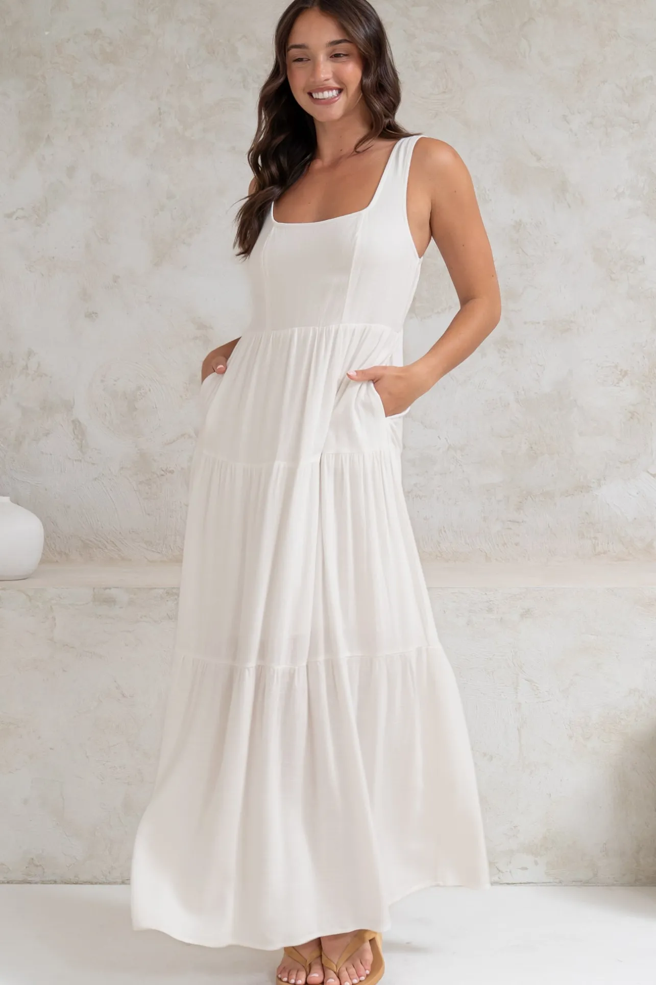 Arielle Maxi Dress - Square Neckline Tiered Dress with Pockets in White>Salty Crush