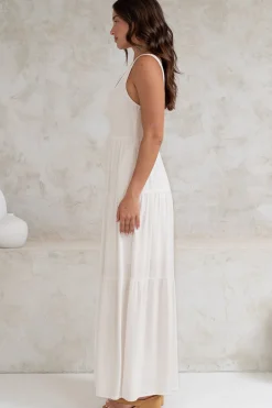 Arielle Maxi Dress - Square Neckline Tiered Dress with Pockets in White><noscript><img width=