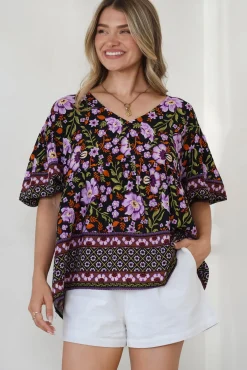 Arlette Blouse - V-Neck Buttoned Bodice Smock Top in Violet Femme Print>Salty Crush New
