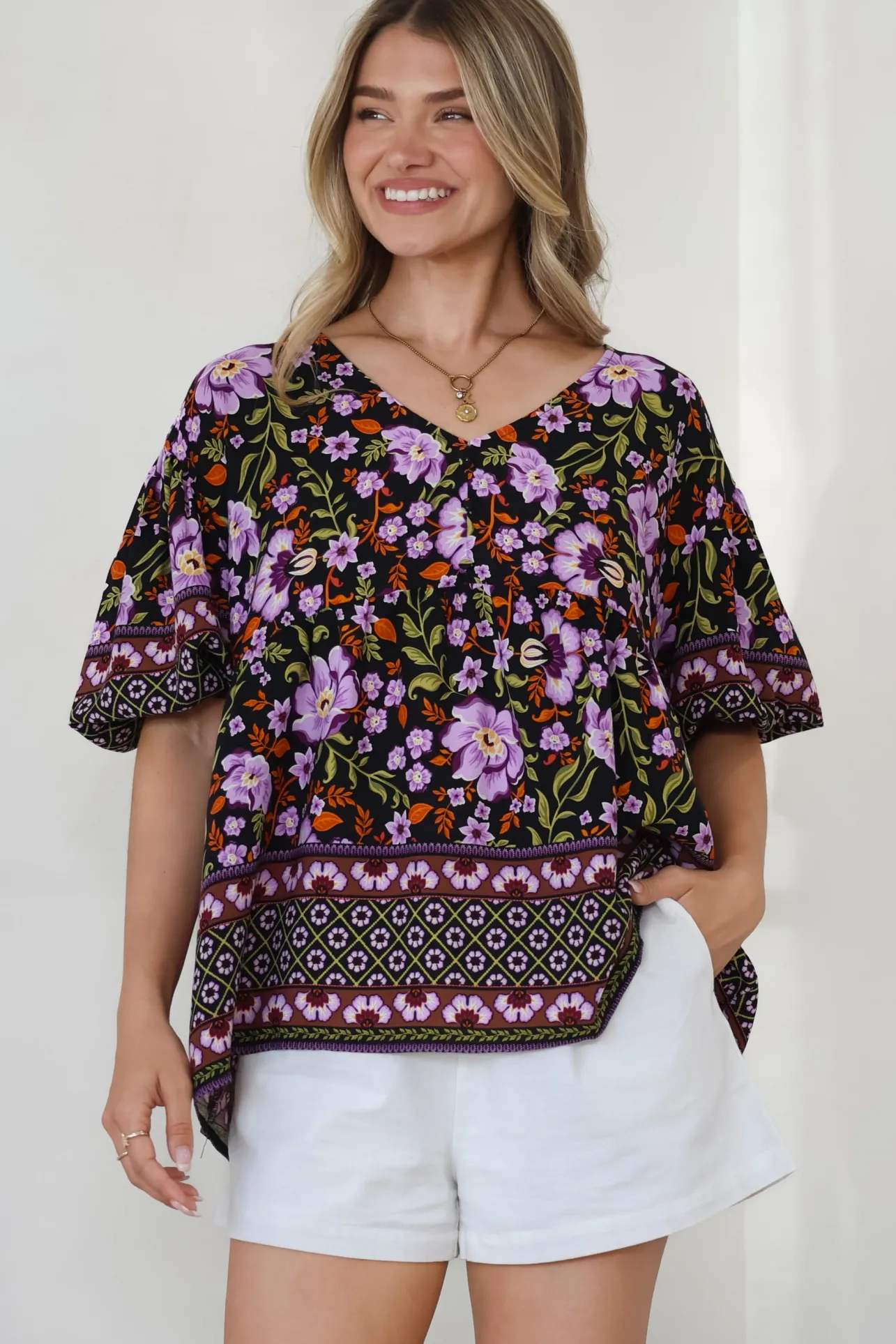Arlette Blouse - V-Neck Buttoned Bodice Smock Top in Violet Femme Print>Salty Crush New