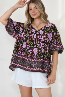 Arlette Blouse - V-Neck Buttoned Bodice Smock Top in Violet Femme Print>Salty Crush New