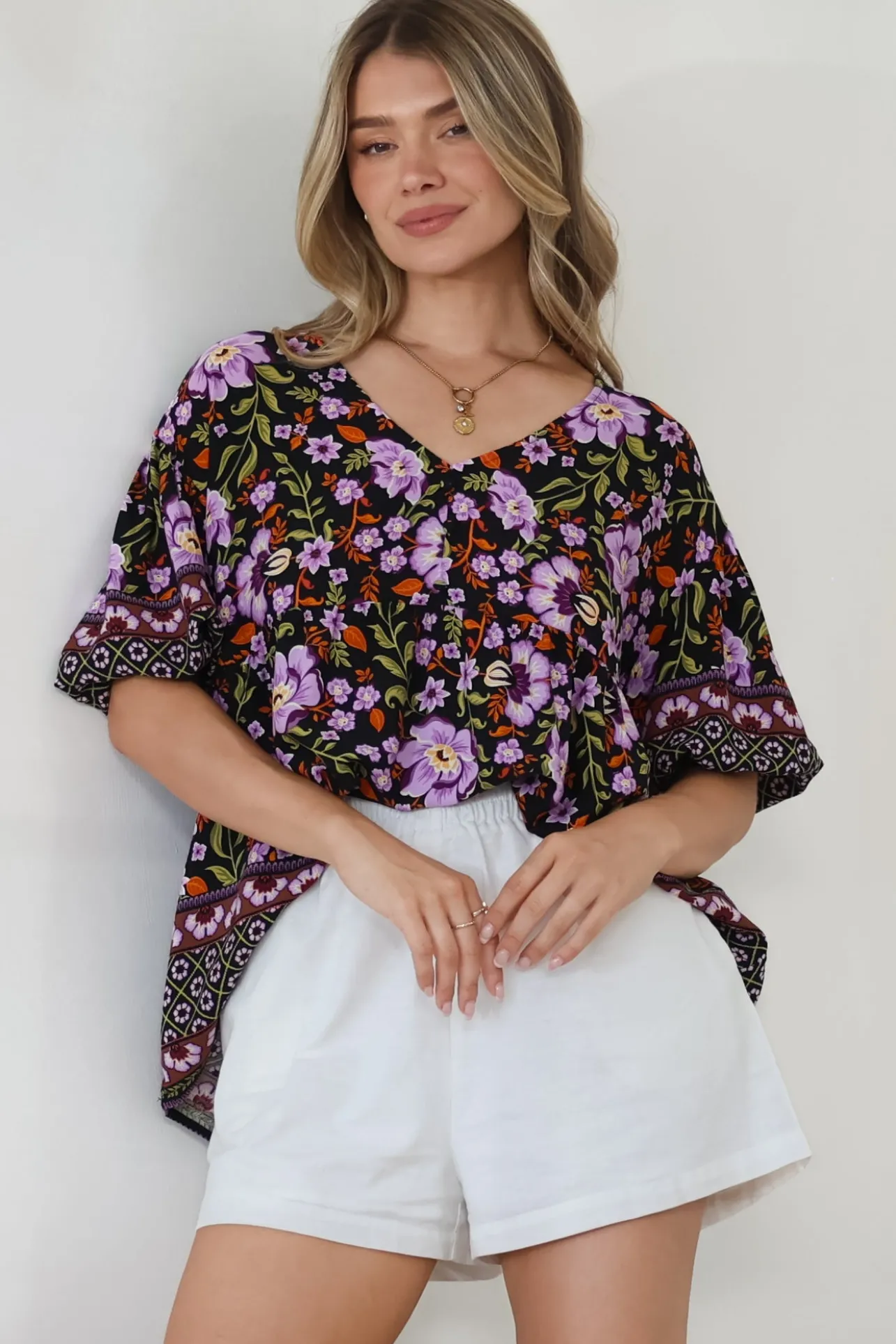 Arlette Blouse - V-Neck Buttoned Bodice Smock Top in Violet Femme Print>Salty Crush New