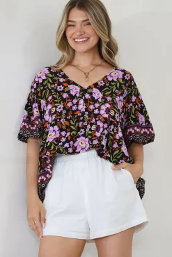 Arlette Blouse - V-Neck Buttoned Bodice Smock Top in Violet Femme Print><noscript><img width=