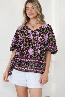 Arlette Blouse - V-Neck Buttoned Bodice Smock Top in Violet Femme Print><noscript><img width=