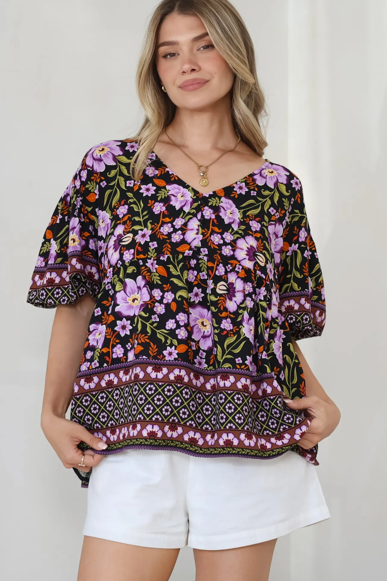 Arlette Blouse - V-Neck Buttoned Bodice Smock Top in Violet Femme Print>Salty Crush New