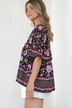 Arlette Blouse - V-Neck Buttoned Bodice Smock Top in Violet Femme Print><noscript><img width=