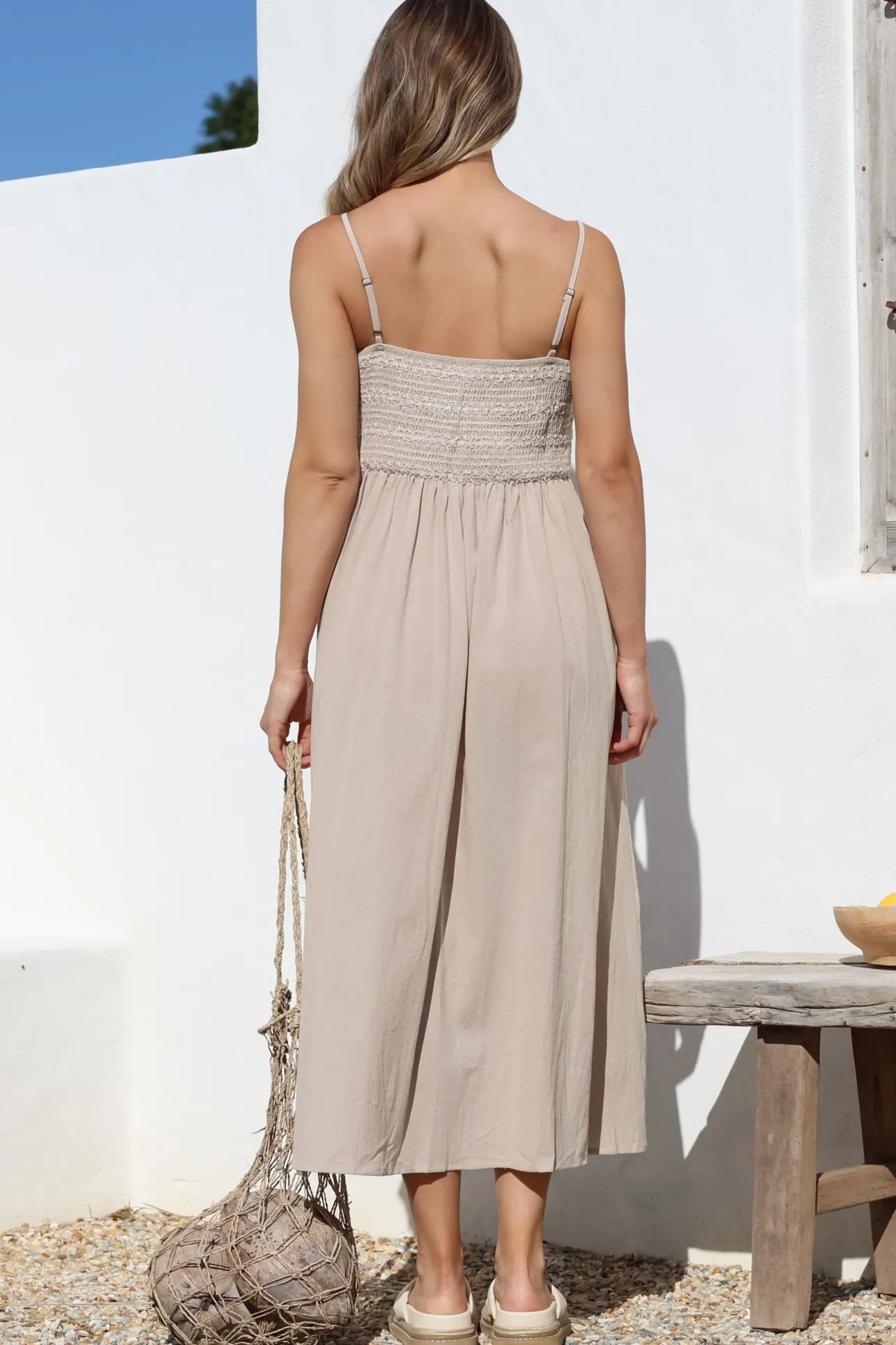 Asha Midi Dress - Constrast Stitch Shirred Elasticated Bodice Sun Dress in Beige>Salty Crush Clearance