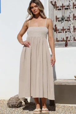 Asha Midi Dress - Constrast Stitch Shirred Elasticated Bodice Sun Dress in Beige><noscript><img width=