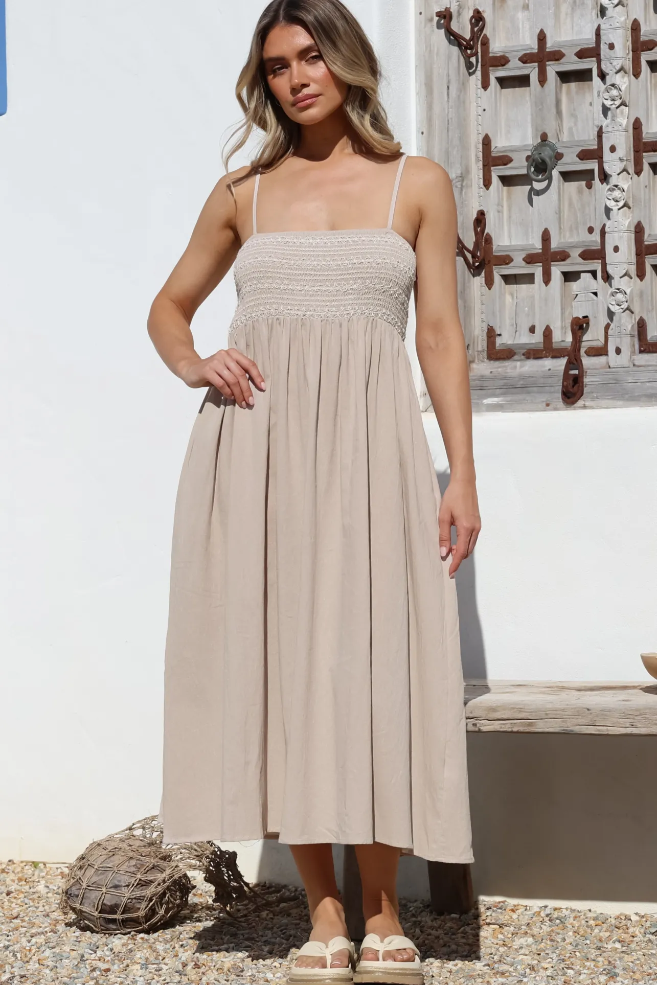 Asha Midi Dress - Constrast Stitch Shirred Elasticated Bodice Sun Dress in Beige>Salty Crush Clearance