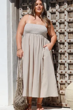 Asha Midi Dress - Constrast Stitch Shirred Elasticated Bodice Sun Dress in Beige><noscript><img width=