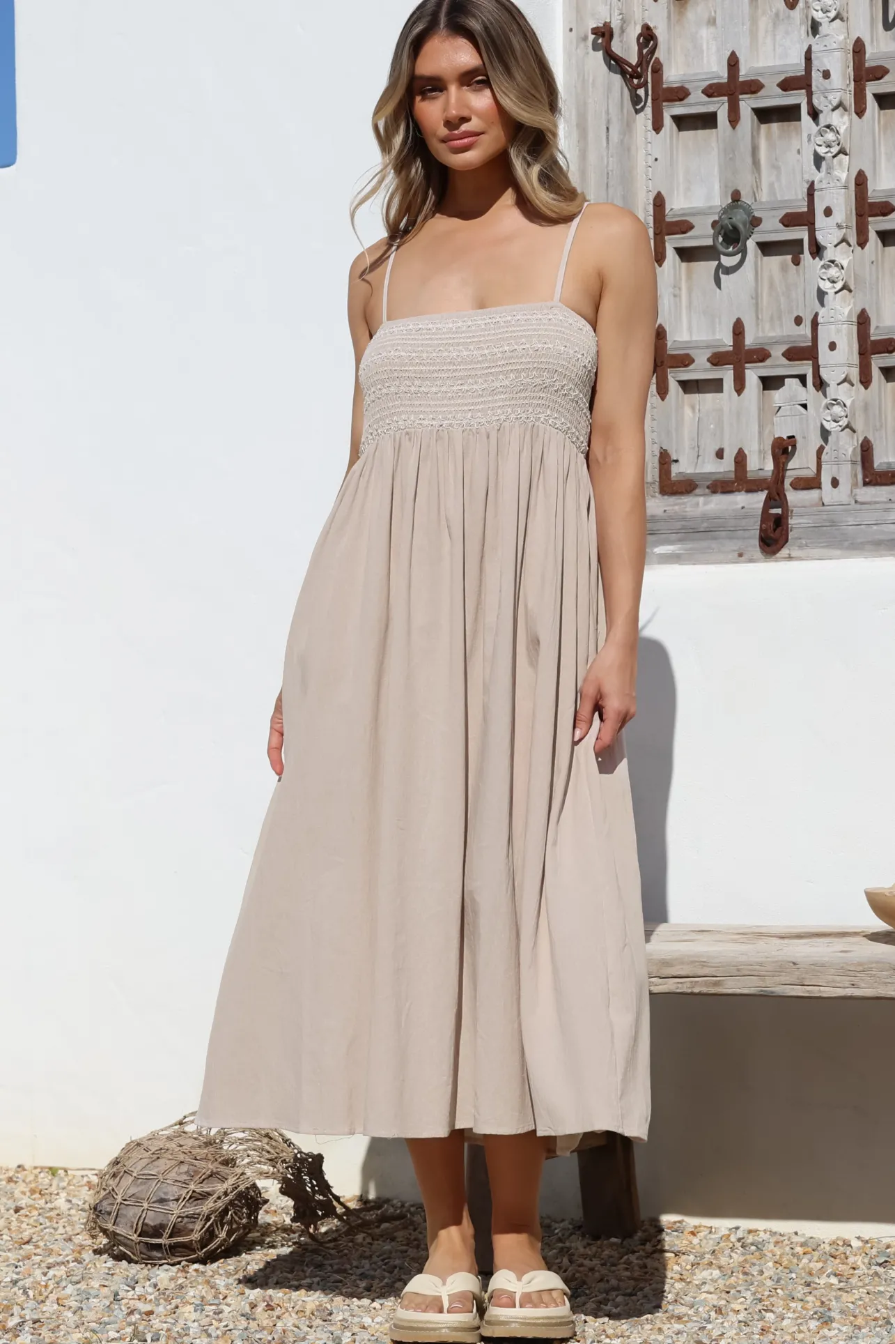 Asha Midi Dress - Constrast Stitch Shirred Elasticated Bodice Sun Dress in Beige>Salty Crush Clearance