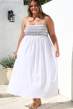 Asha Midi Dress - Constrast Stitch Shirred Elasticated Bodice Sun Dress in White>Salty Crush New
