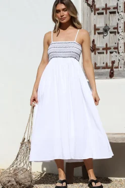Asha Midi Dress - Constrast Stitch Shirred Elasticated Bodice Sun Dress in White><noscript><img width=