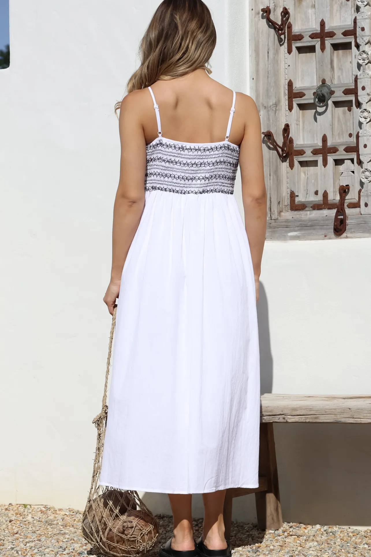 Asha Midi Dress - Constrast Stitch Shirred Elasticated Bodice Sun Dress in White>Salty Crush New