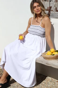 Asha Midi Dress - Constrast Stitch Shirred Elasticated Bodice Sun Dress in White><noscript><img width=