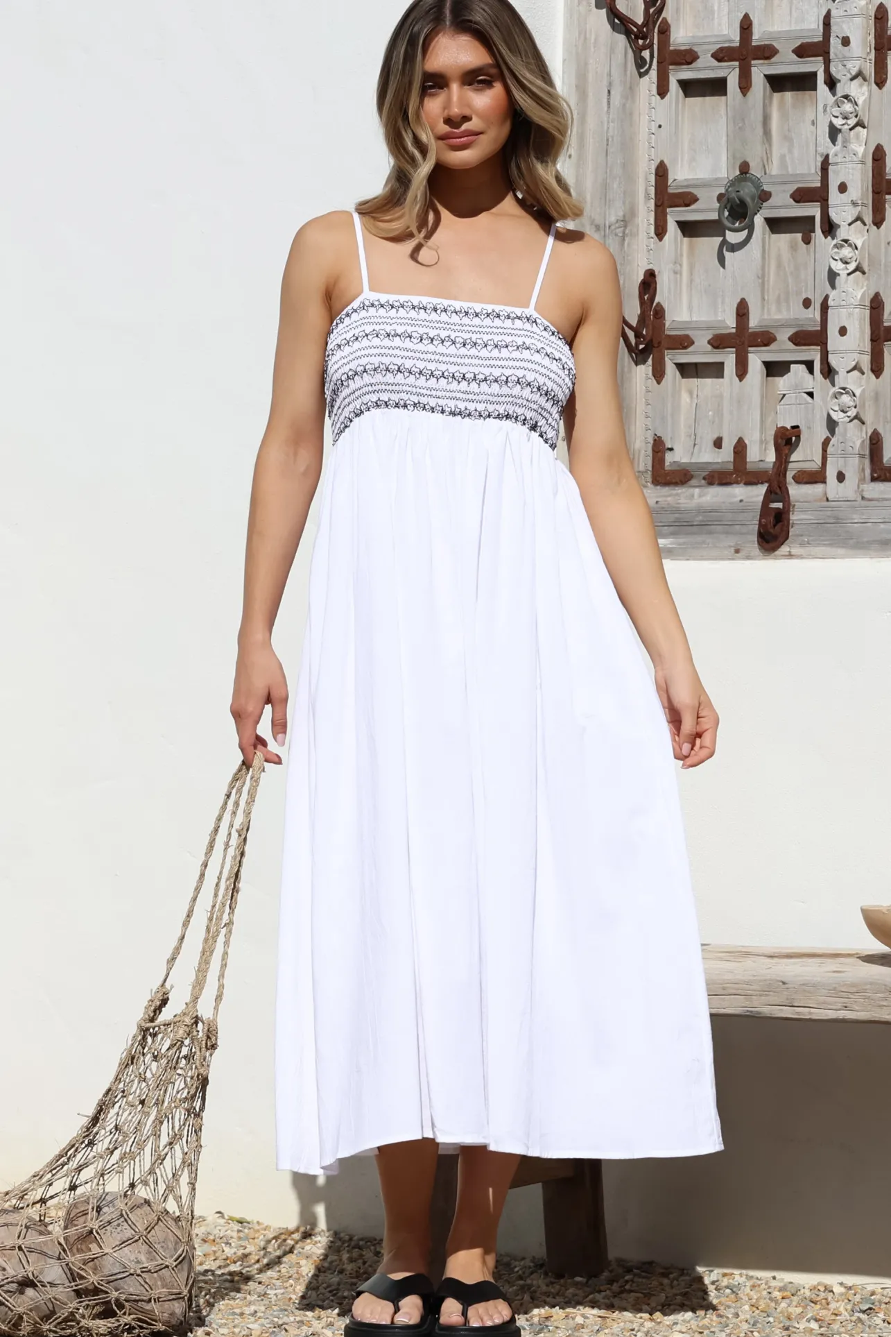 Asha Midi Dress - Constrast Stitch Shirred Elasticated Bodice Sun Dress in White>Salty Crush New