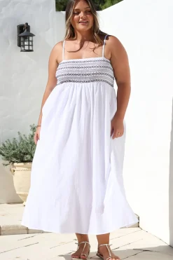 Asha Midi Dress - Constrast Stitch Shirred Elasticated Bodice Sun Dress in White><noscript><img width=
