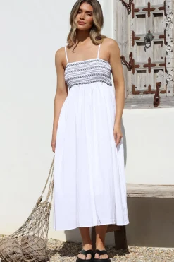 Asha Midi Dress - Constrast Stitch Shirred Elasticated Bodice Sun Dress in White><noscript><img width=
