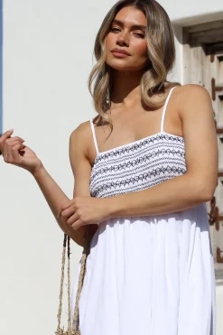 Asha Midi Dress - Constrast Stitch Shirred Elasticated Bodice Sun Dress in White><noscript><img width=