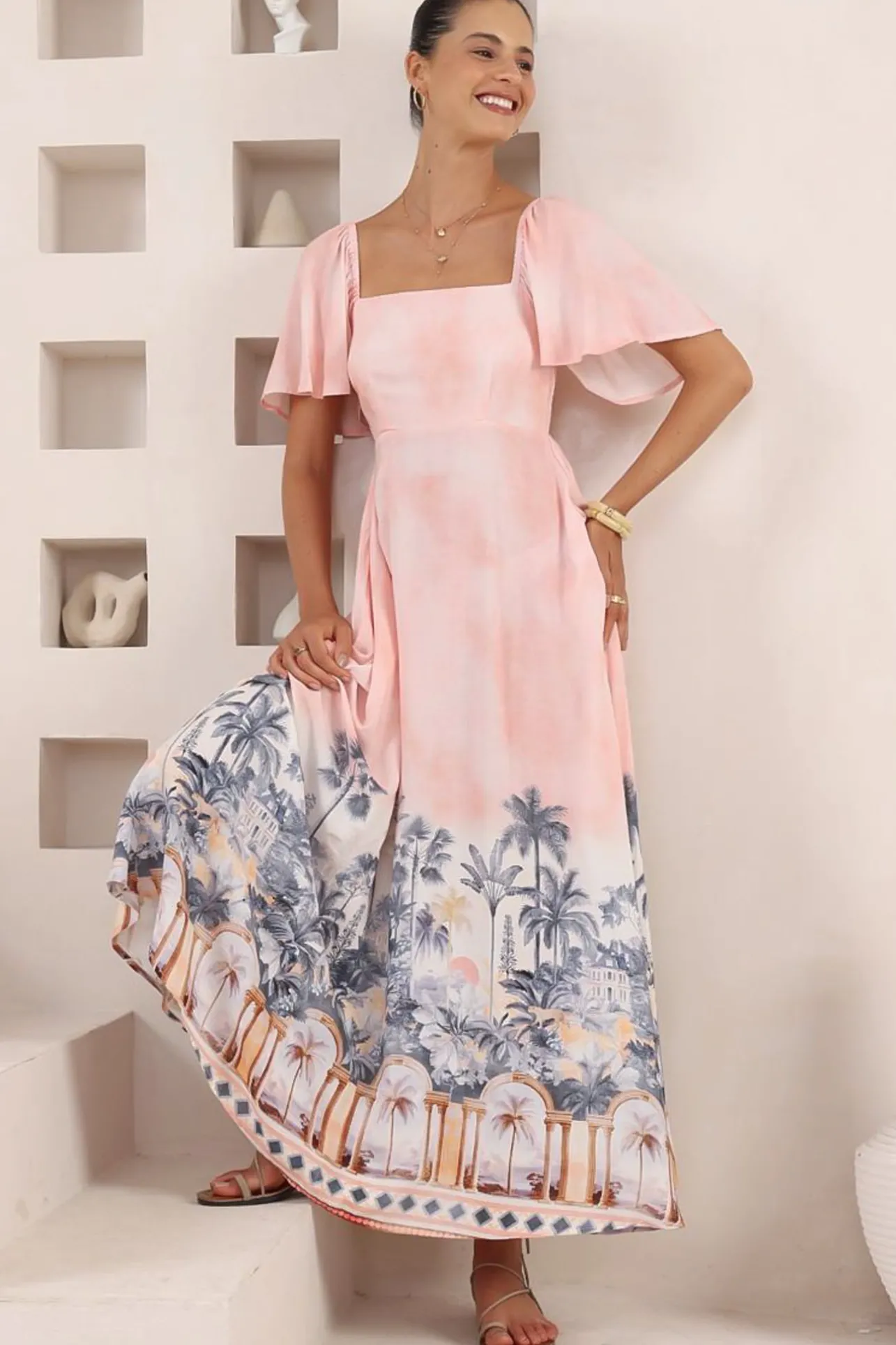 Ashby Maxi Dress - On or Off Shoulder A-Line Dress with Pockets in Armena Print>Salty Crush Outlet