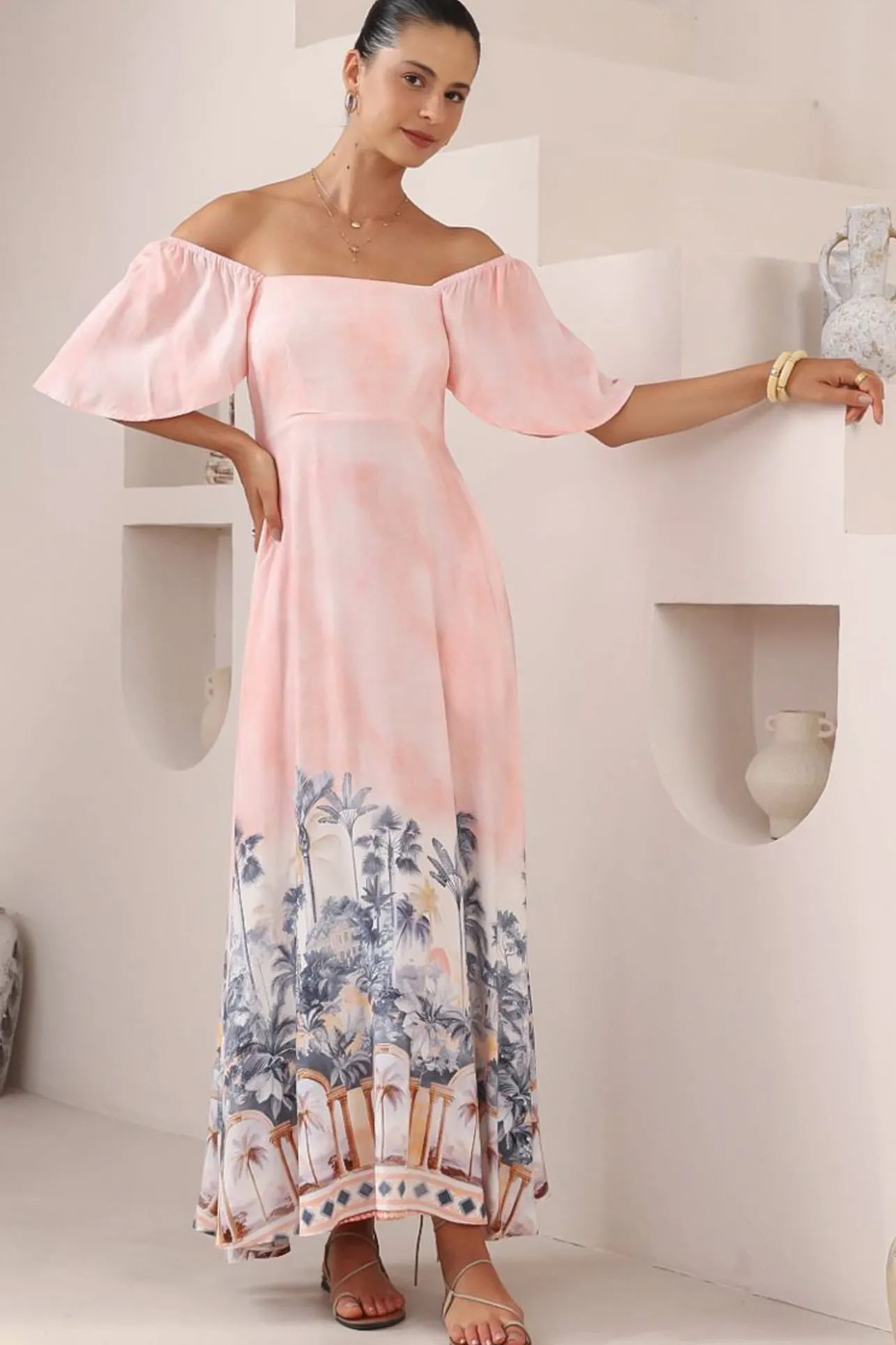 Ashby Maxi Dress - On or Off Shoulder A-Line Dress with Pockets in Armena Print>Salty Crush Outlet