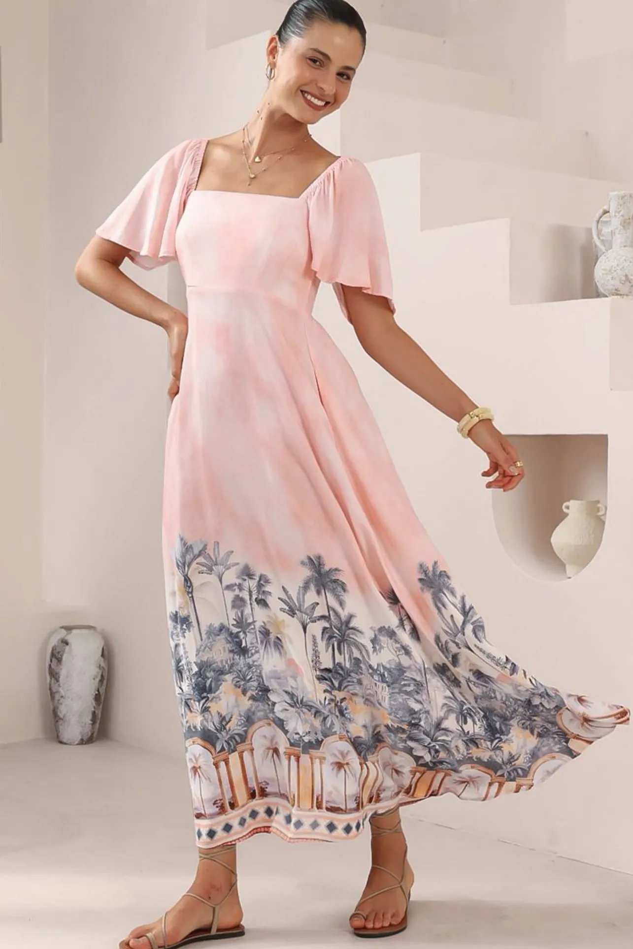 Ashby Maxi Dress - On or Off Shoulder A-Line Dress with Pockets in Armena Print>Salty Crush Outlet