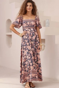 Ashby Maxi Dress - On or Off Shoulder A-Line Dress with Pockets in Leandra Print>Salty Crush Hot