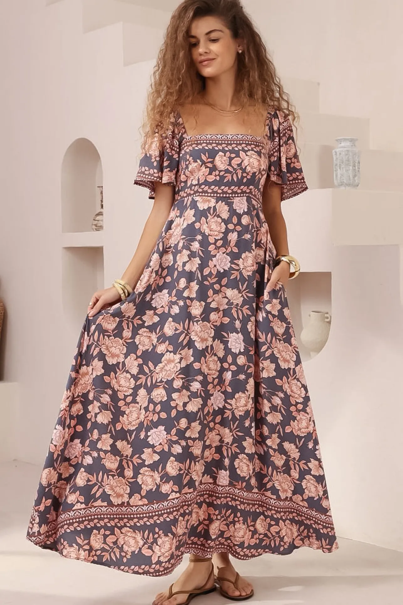 Ashby Maxi Dress - On or Off Shoulder A-Line Dress with Pockets in Leandra Print>Salty Crush Hot