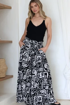 Ashora Pants - Paper Bag High Waisted Wide Leg Pants with Black & White Graphic Print>Salty Crush Sale