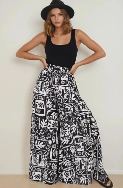 Ashora Pants - Paper Bag High Waisted Wide Leg Pants with Black & White Graphic Print><noscript><img width=