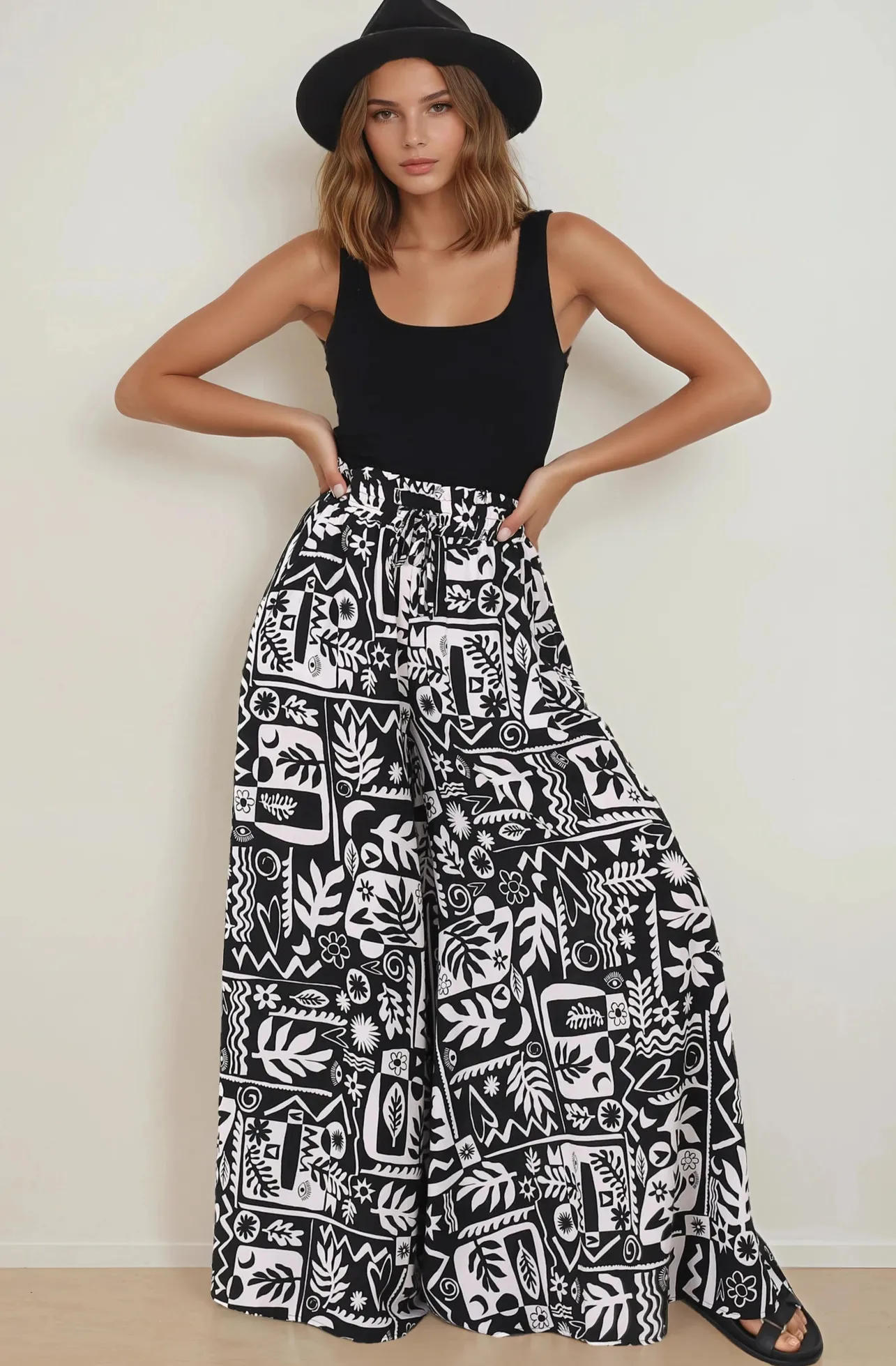 Ashora Pants - Paper Bag High Waisted Wide Leg Pants with Black & White Graphic Print>Salty Crush Sale