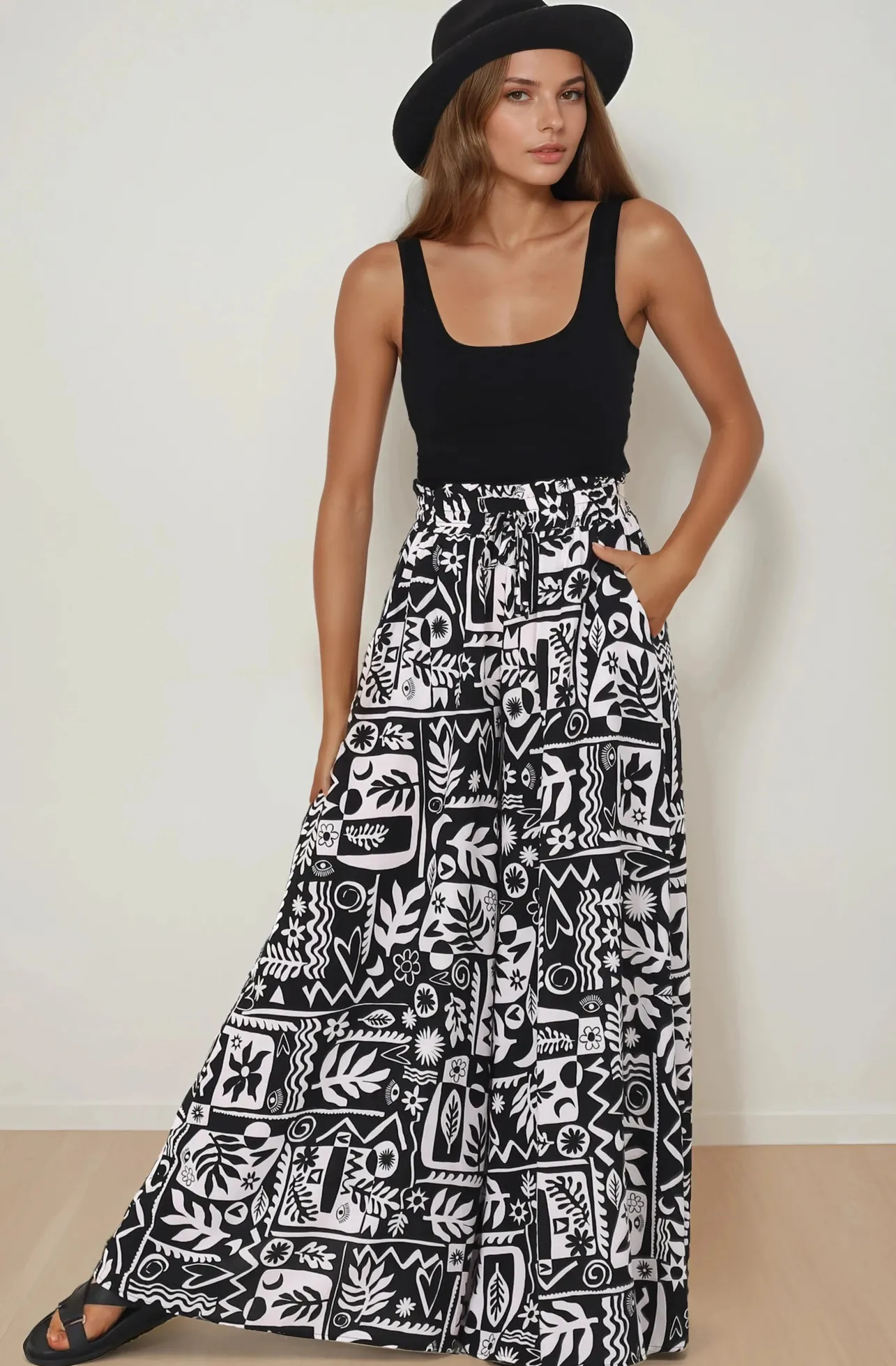 Ashora Pants - Paper Bag High Waisted Wide Leg Pants with Black & White Graphic Print>Salty Crush Sale